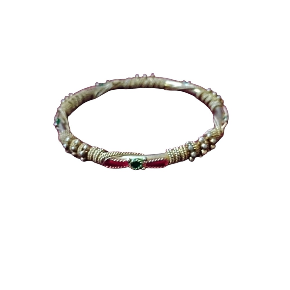 Vintage Gold Tone Wire Wrapped Bangle Bracelet Red Green Enamel Accents